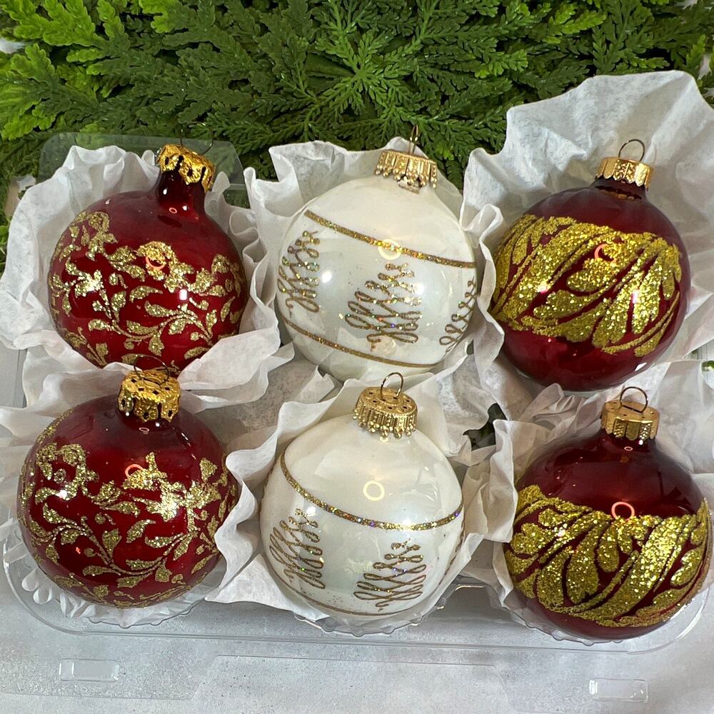Vintage Set of 6 Glass Christmas Bauble Ball Ornaments Red Gold Trees Holly Vine